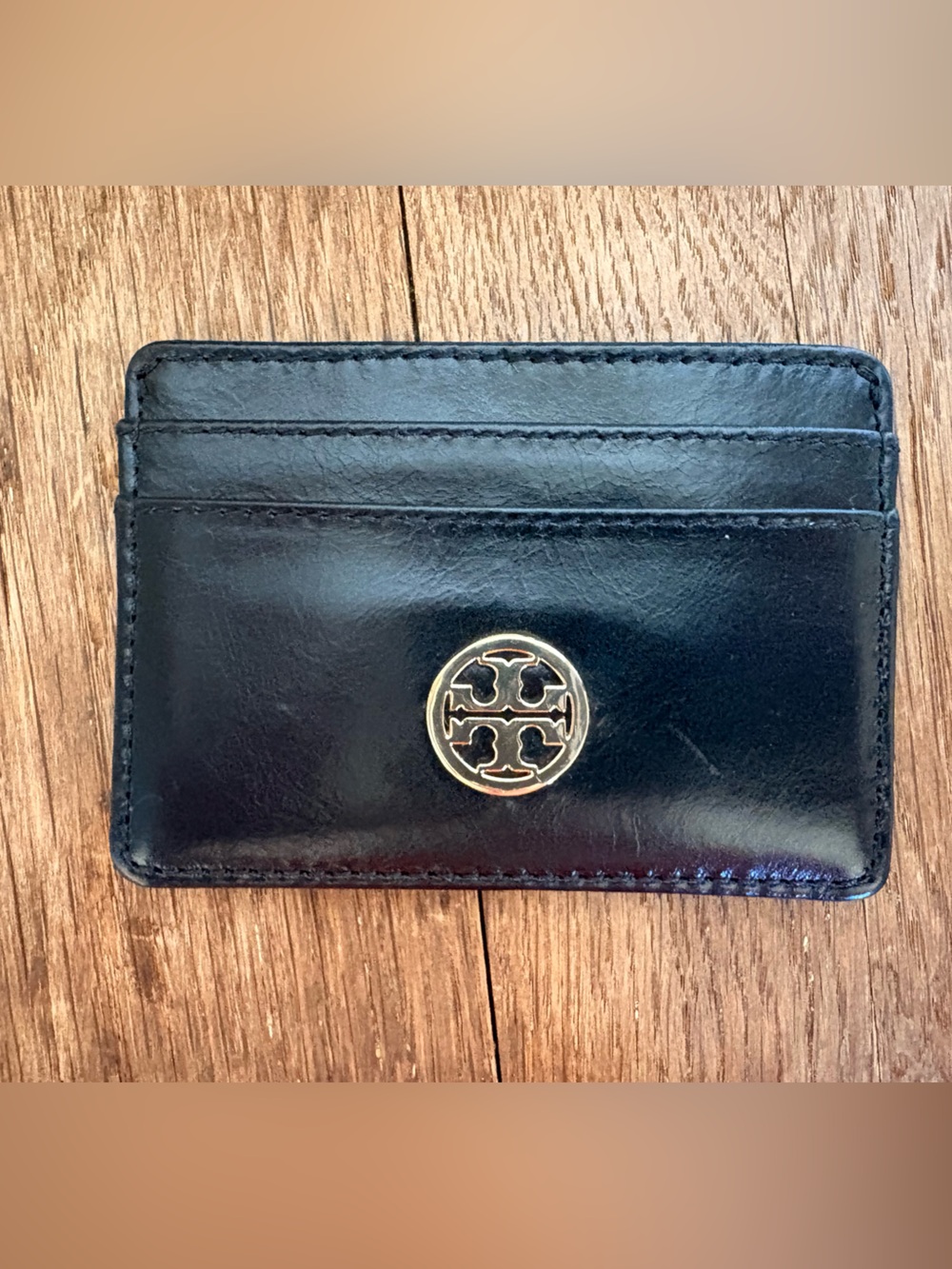 Tory Burch Black Leather Card & Key Holder with Gold Logo